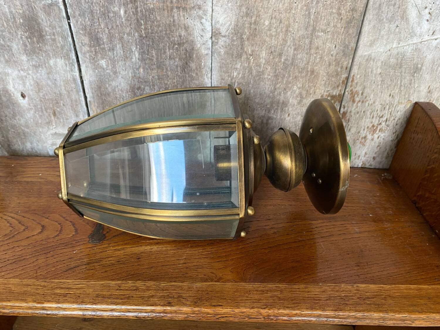 Antique brass lantern ceiling light + 6 faceted beveled glass vintage