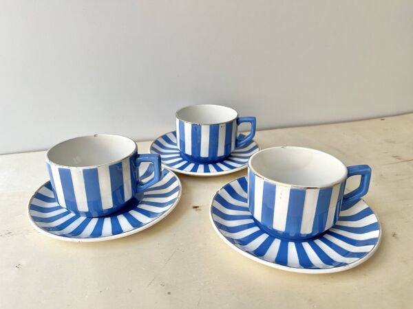 Lot de 3 tasses à café FOX TROTT Sarreguemines années 30, service art déco