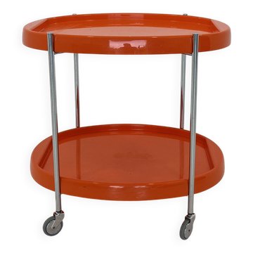 Chariot de service en chrome de l'ère spatiale avec plateaux en plastique orange, années 1970