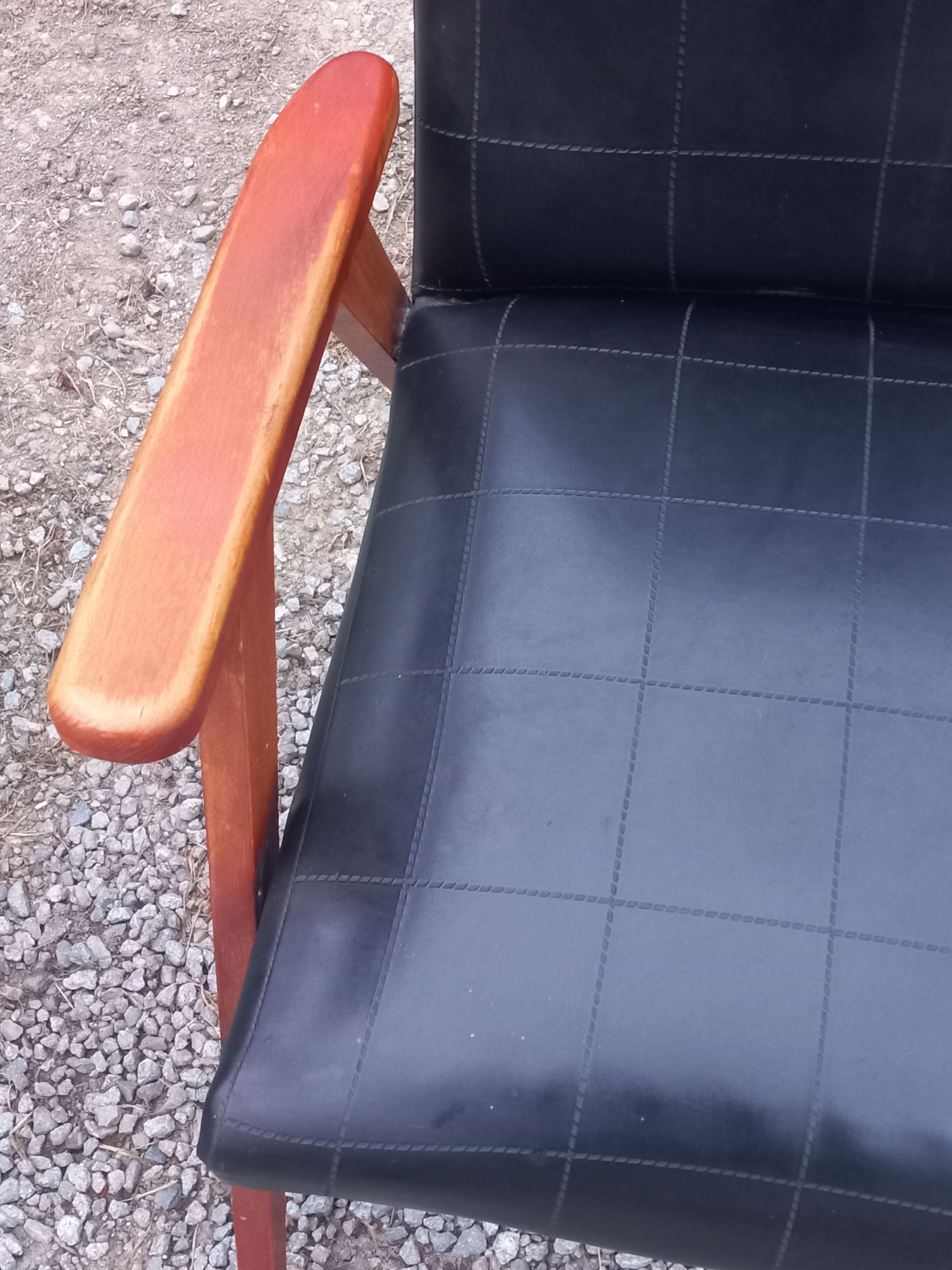 Pair of vintage beech armchairs feet compass covered with black moleskine from the 50s