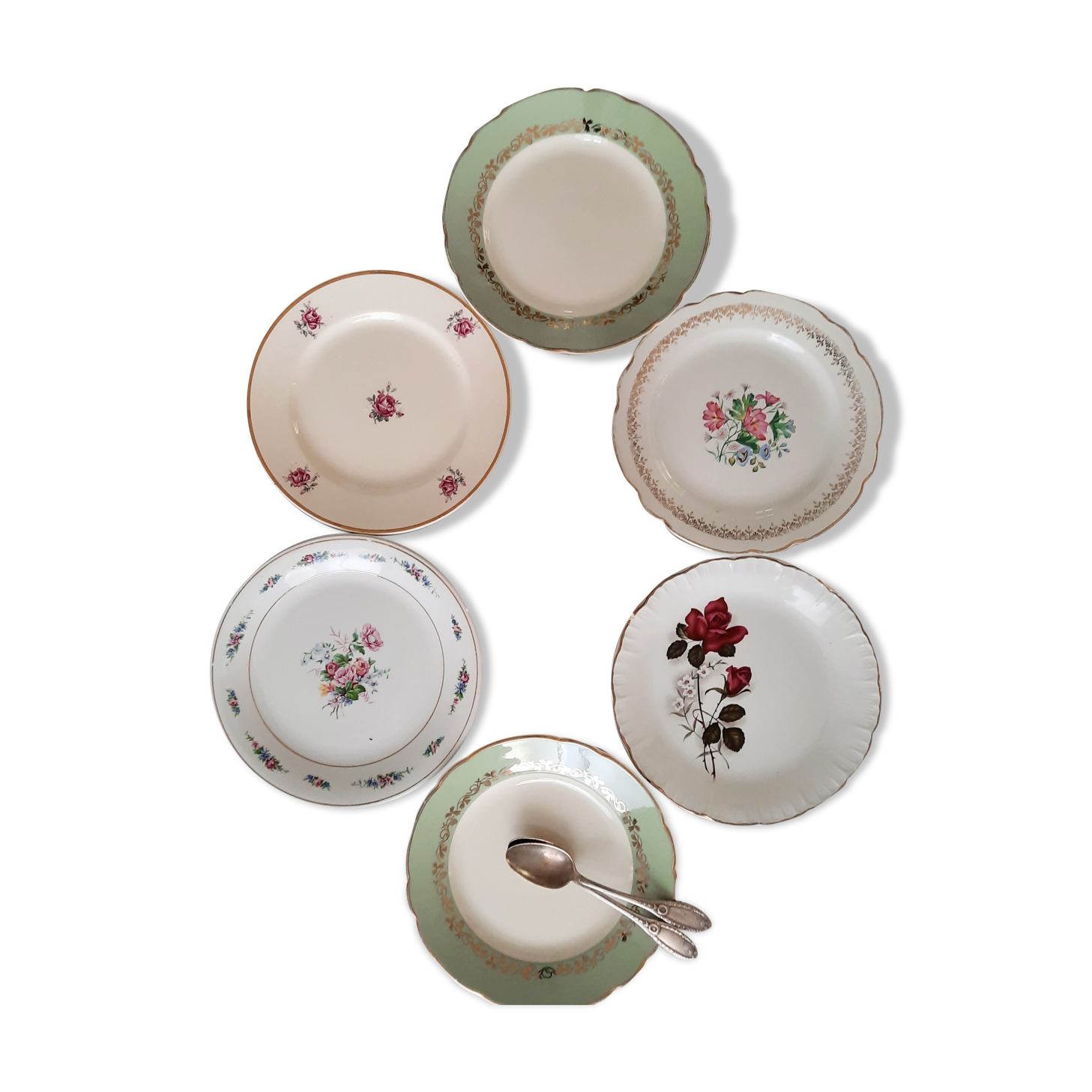 6 mismatched old dessert plates