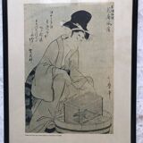 Japan print, woman near bird cage kitagawa utamaro copy 1961 rennes museum