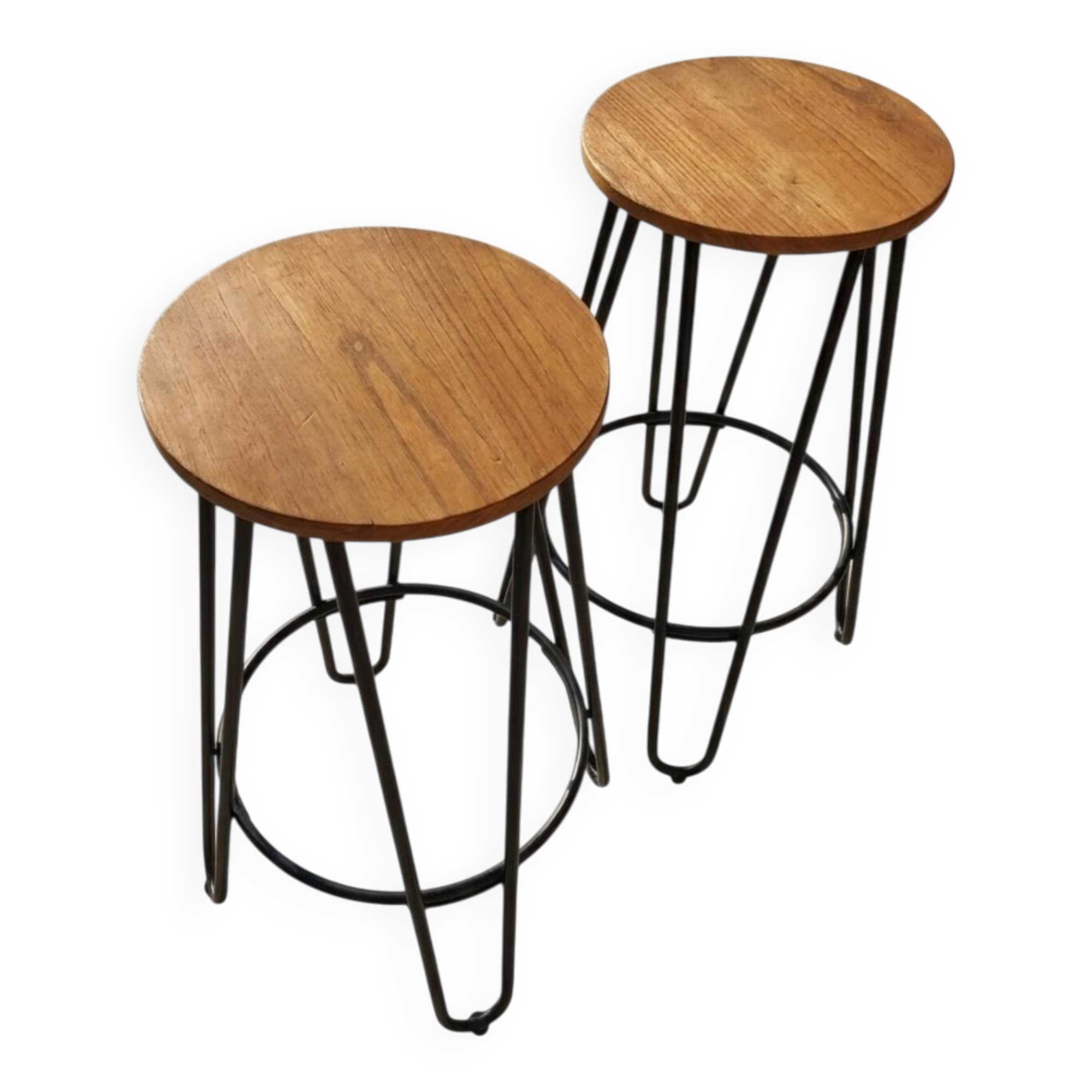 Pair of industrial style bar stools – Wooden seat & tapered legs