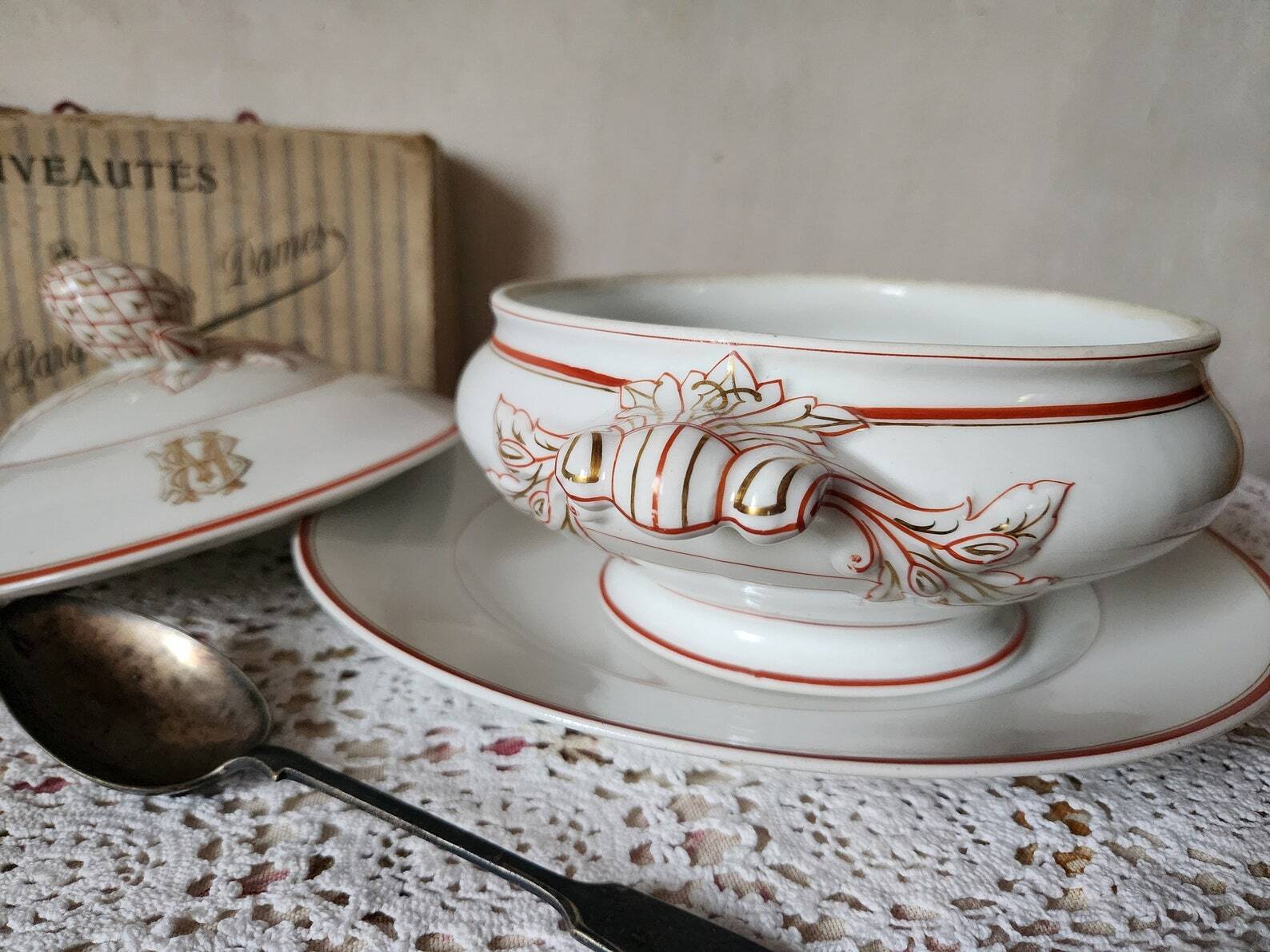 Circa 1900s Pillivuyt Gold 'BM' Monogrammed White Porcelain Soup Tureen