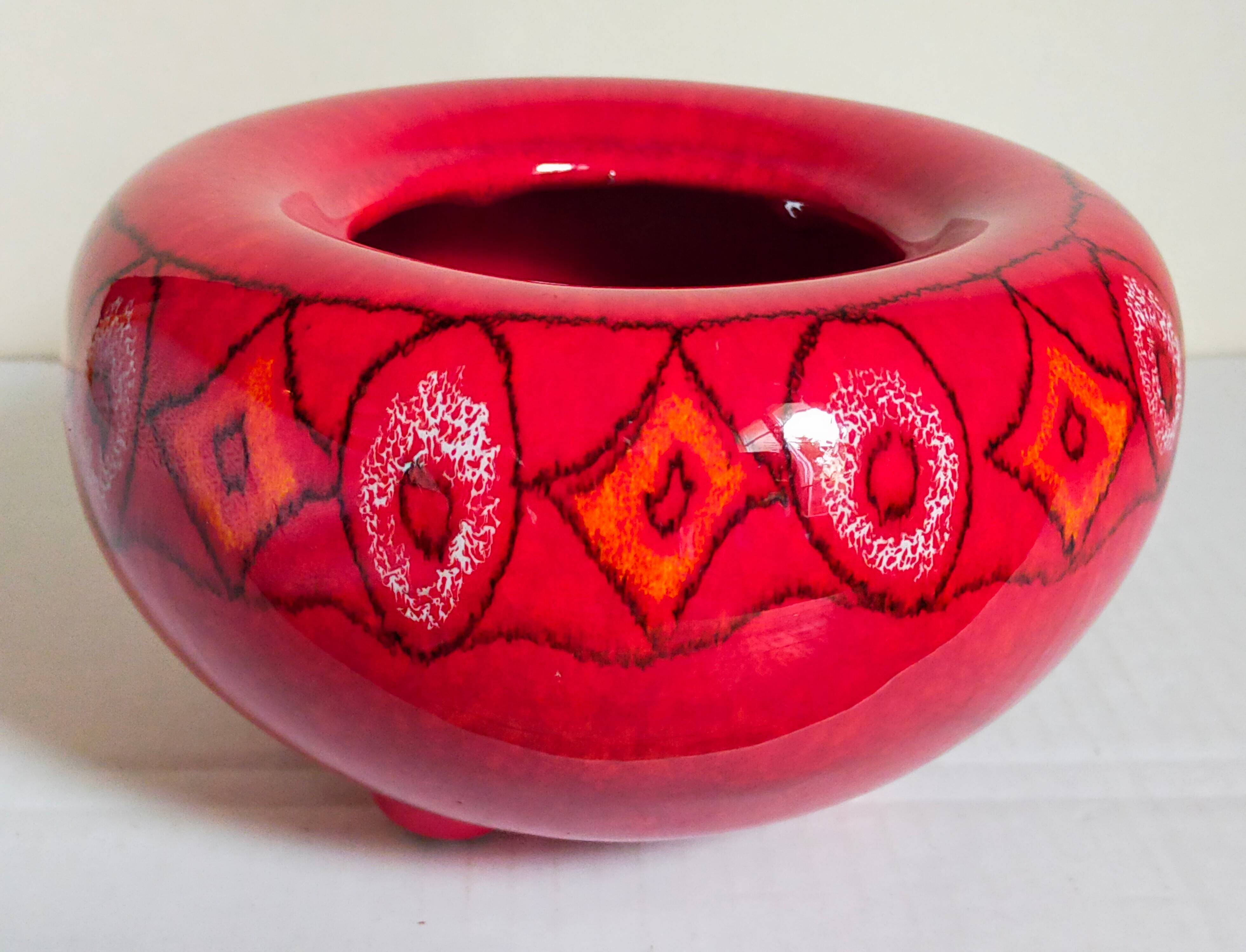 Vintage bright red enamel ceramic tripod vase