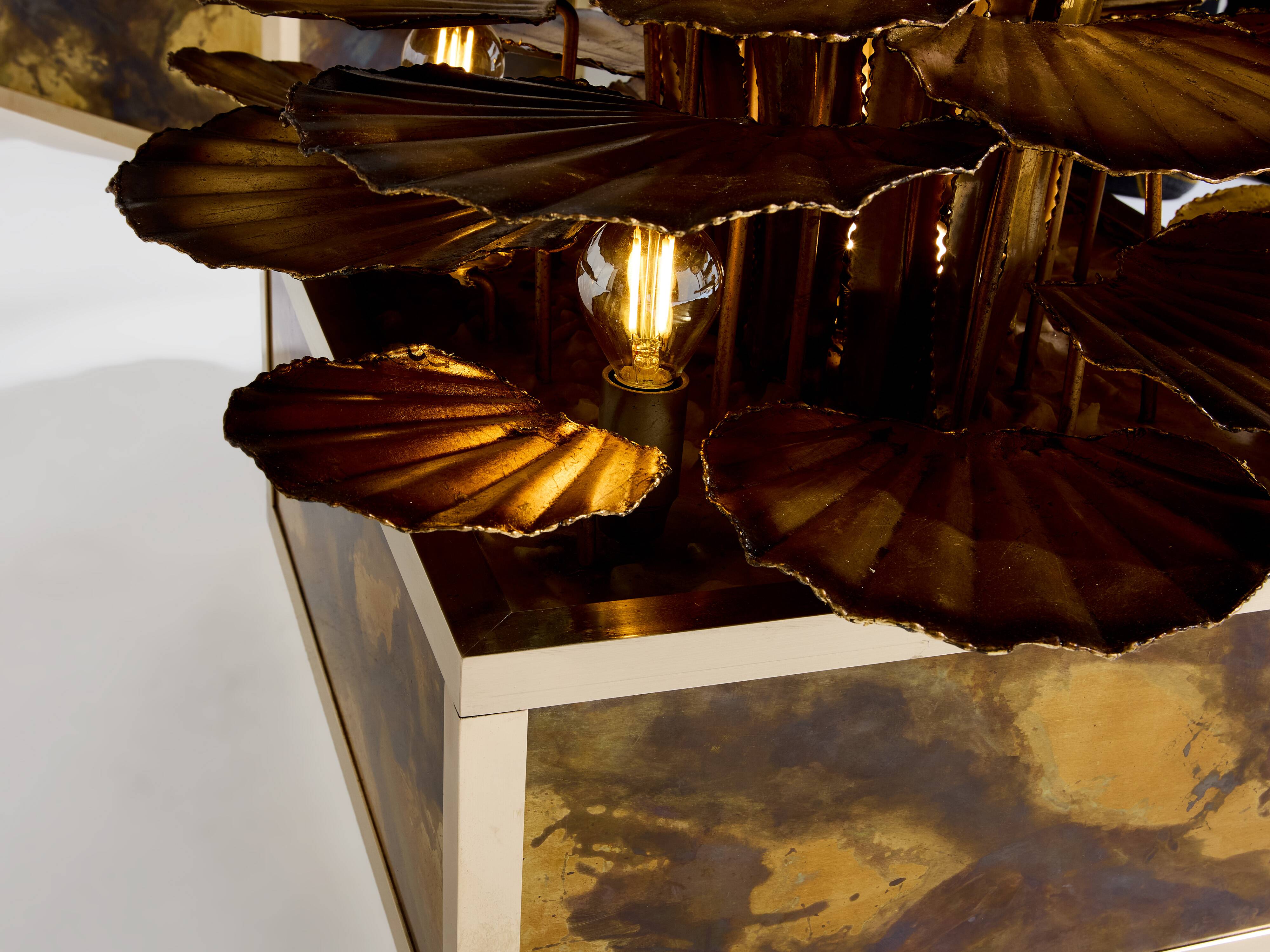 Pair of Maison Jansen brass floor lamps with reeds and water lilies, 1970s