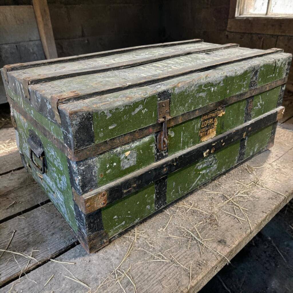 Vintage. XL green metal industrial suitcase / trunk.