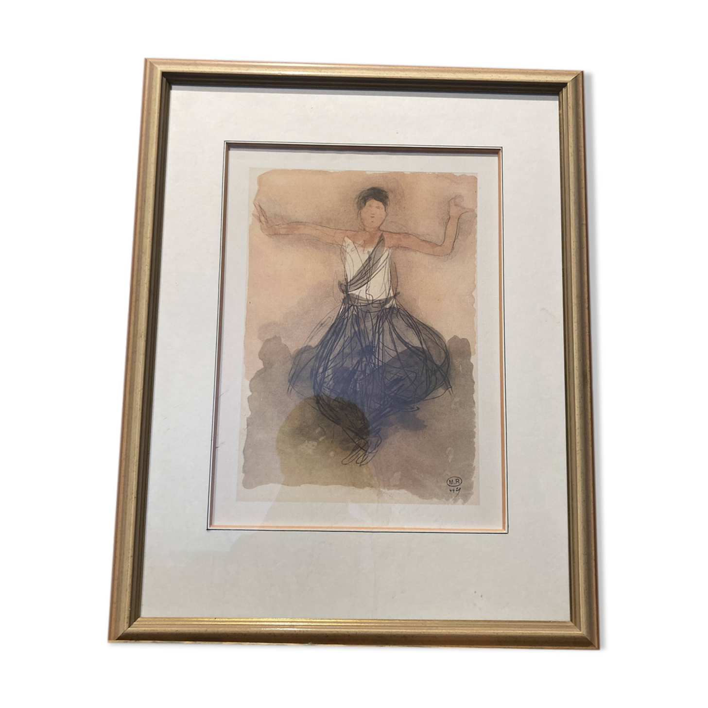 Framed watercolor, signed "M.R 44y"