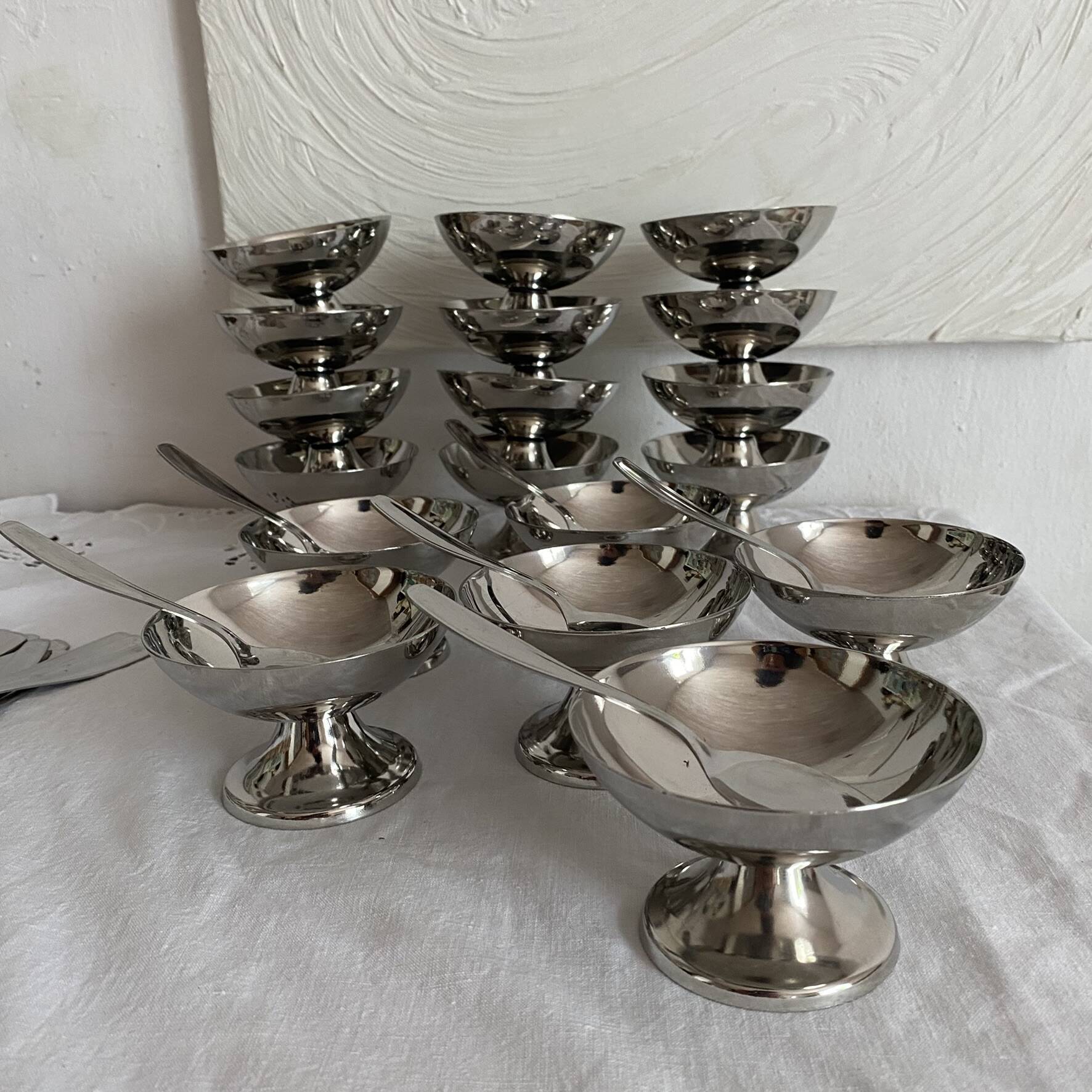 Stainless steel ice cream cups and spoons, 1960s-70s, original boxes.