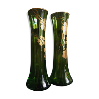 Soliflores verre soufflé vert imperial style empire peint main napoleon iii emeraude et or 1900 arti