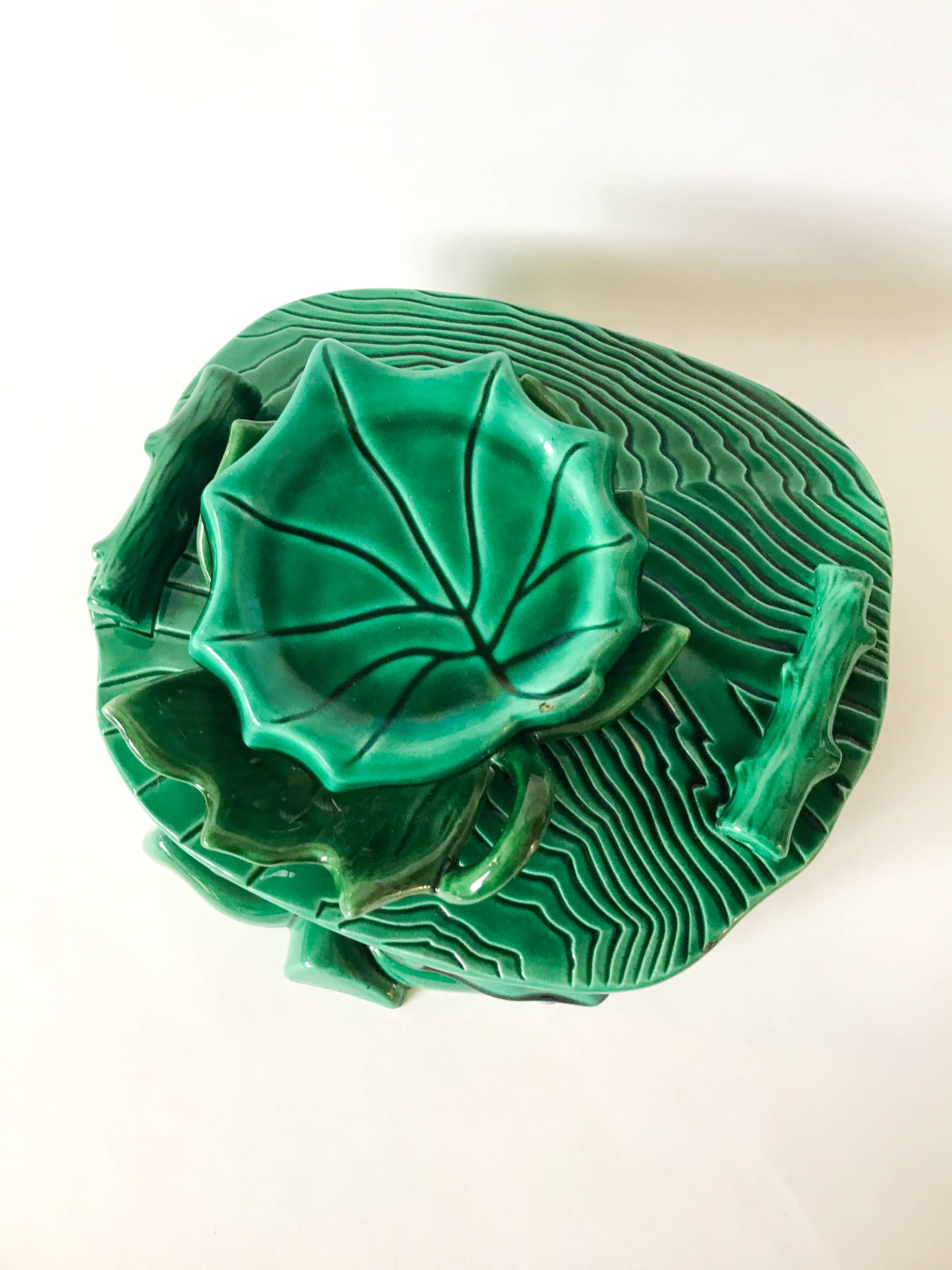 green ceramic tray with bamboo effect from the 1950s