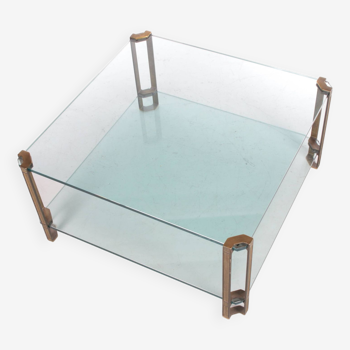 Table basse Peter Ghyczy T24D avec pieds en laiton et plateau en verre