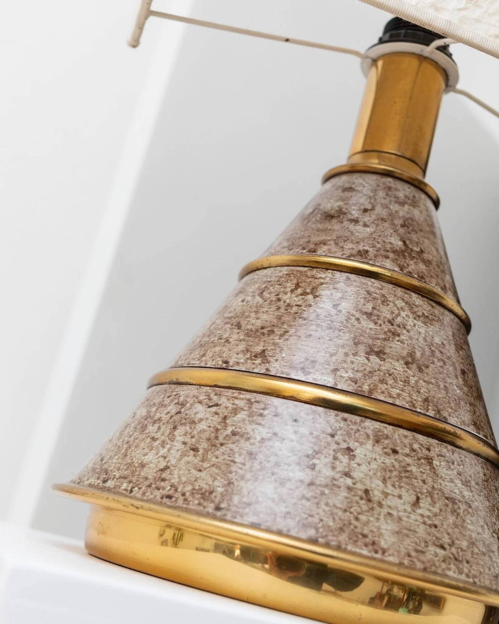 Brown ceramic mid-century table lamp with cream handmade paper floral shade and brass accents