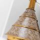 Brown ceramic mid-century table lamp with cream handmade paper floral shade and brass accents