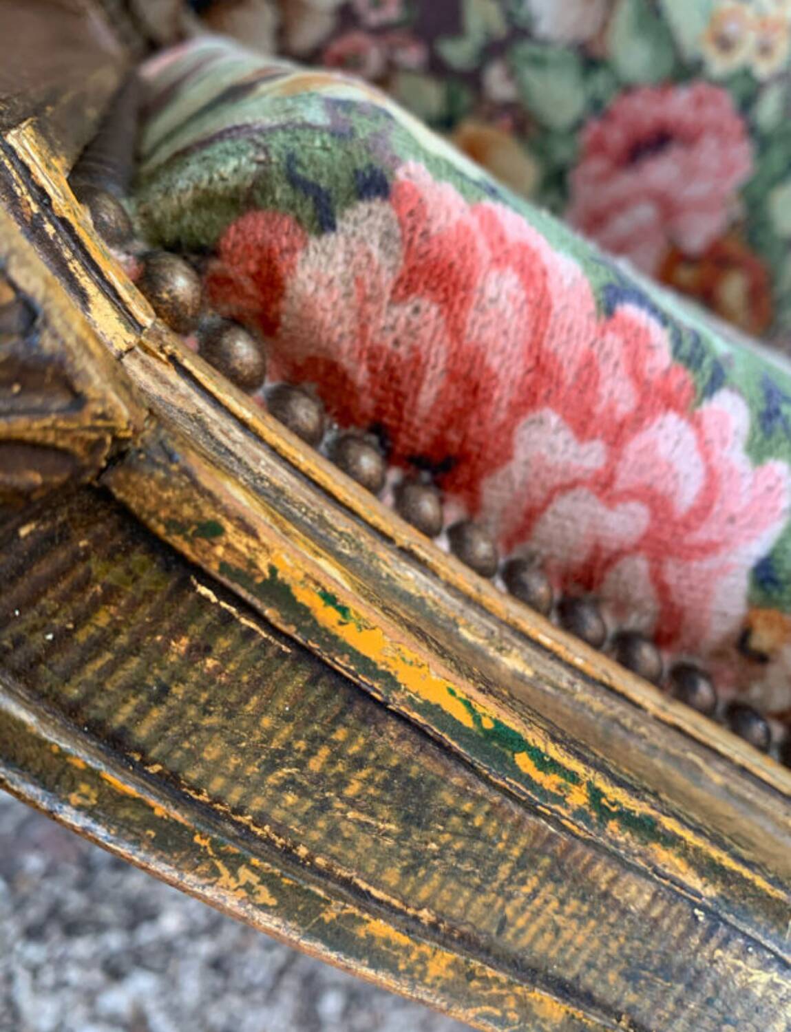 19th-century floral velvet bench