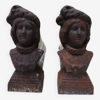 Old cast iron andirons woman with collar