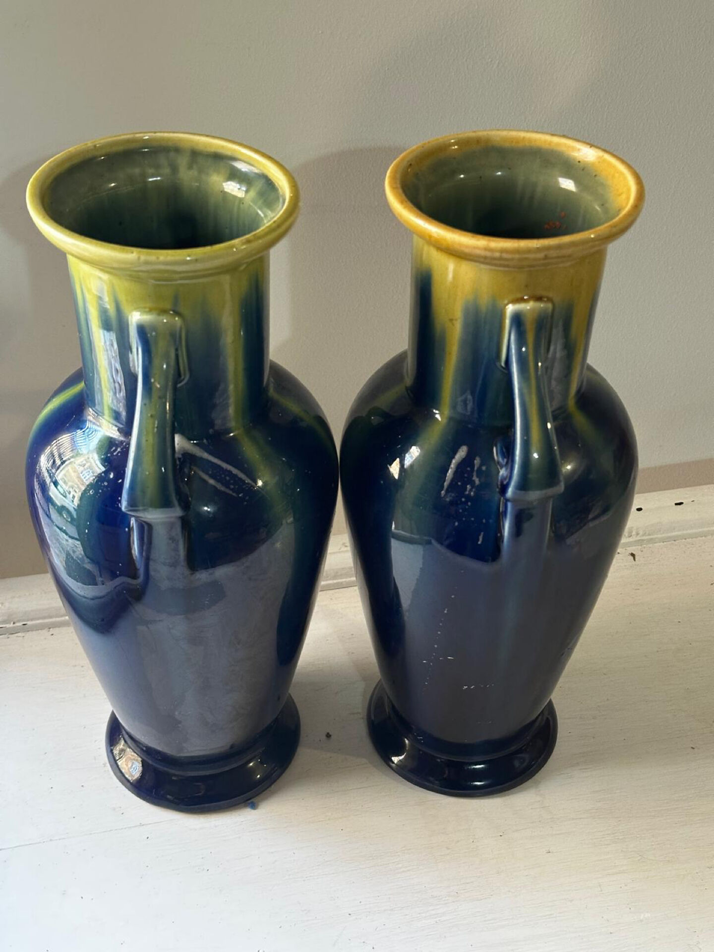 Pair of amphora vases Saint-Clément, glazed ceramic in blue and green.