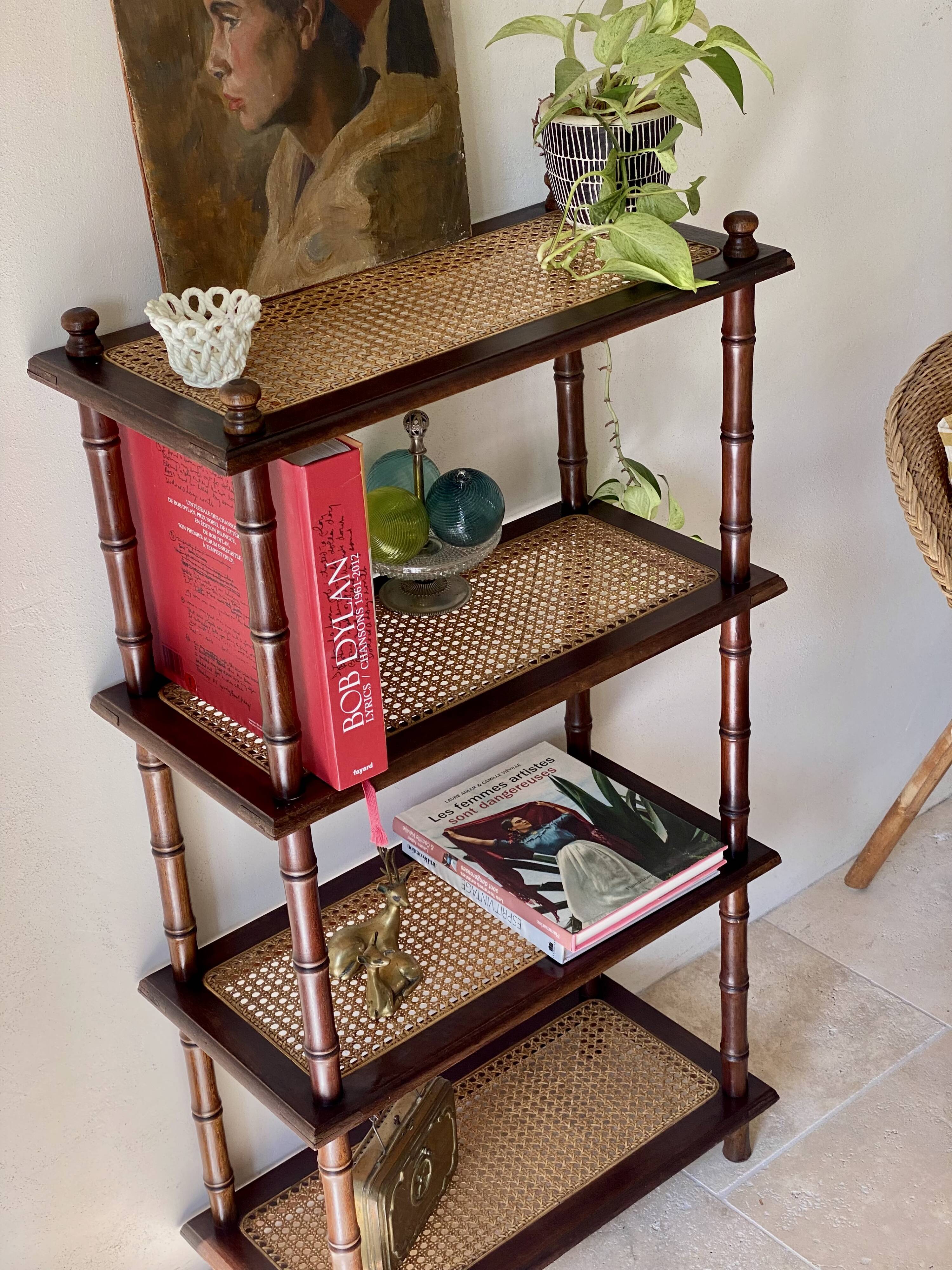 Vintage wooden shelf with cane, colonial style, 4 levels.