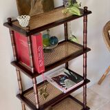 Vintage wooden shelf with cane, colonial style, 4 levels.
