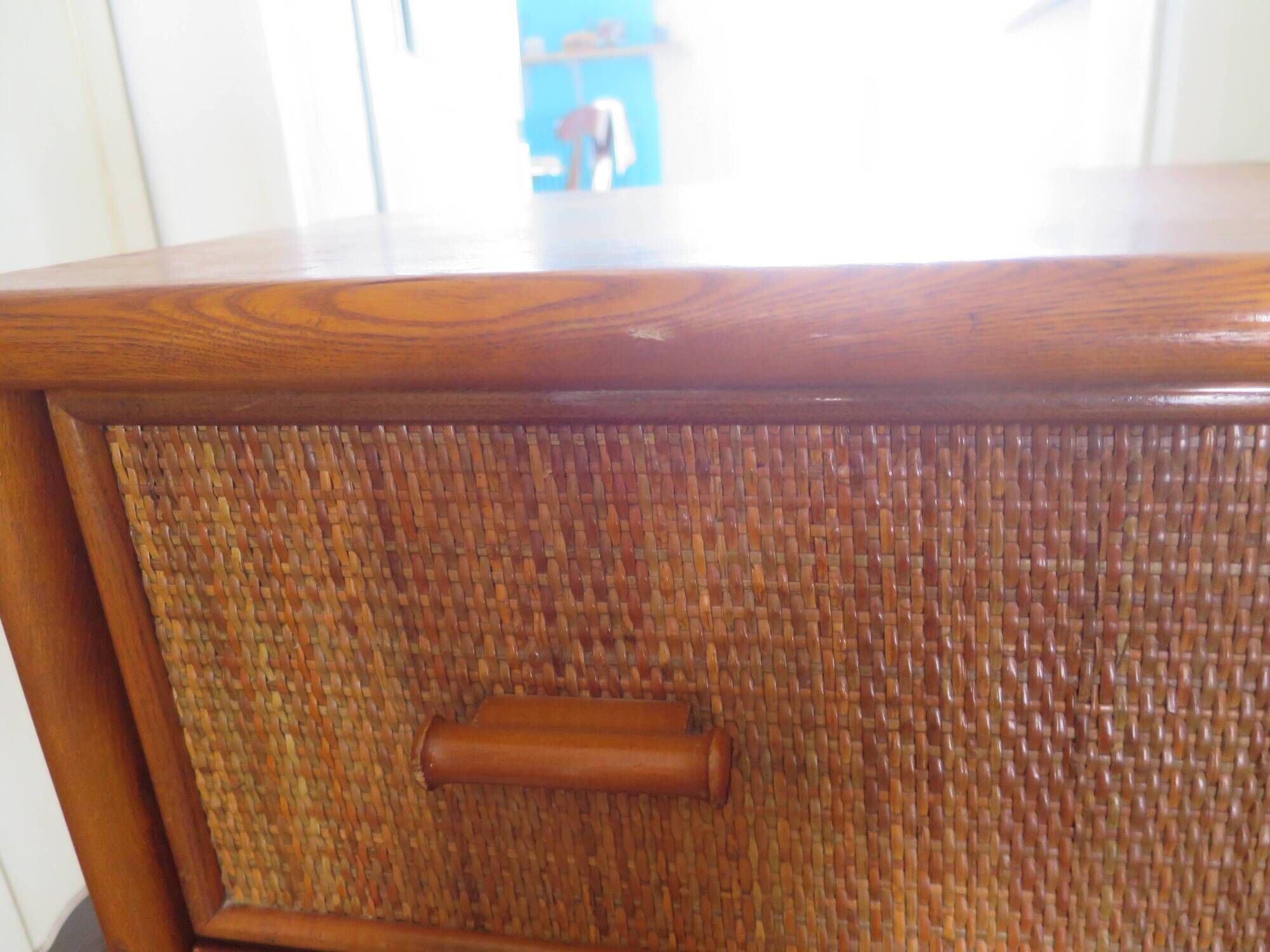 Vintage cane rattan desk with a large top and 5 drawers - 1960s/70s.