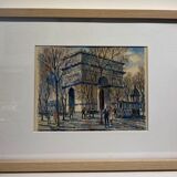 Tableau ancien , aquarelle de l´arc de triomphe signée , XX siècle