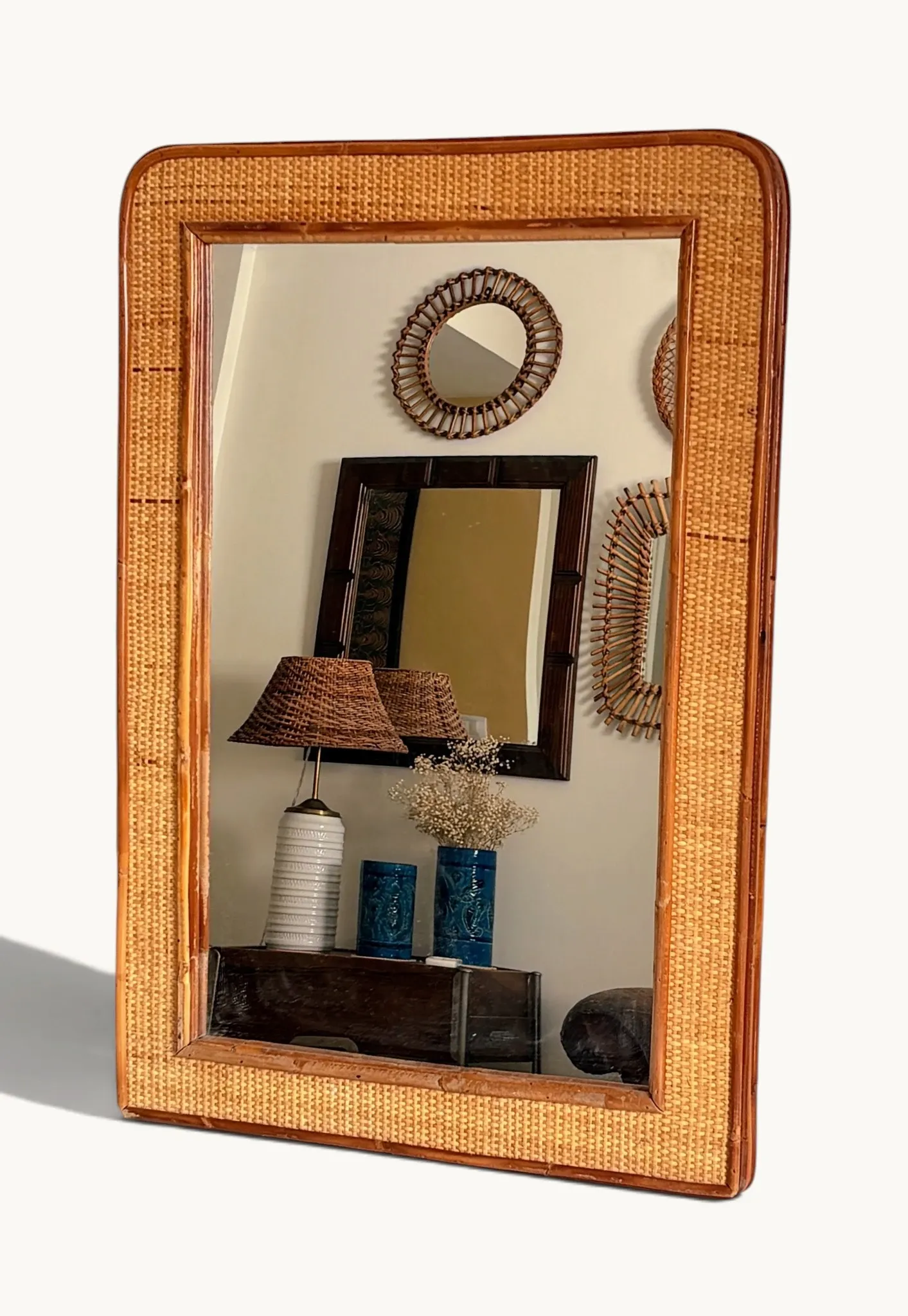 1970s Mid-Century Rattan and Pencil Reed Large Mirror, Spain