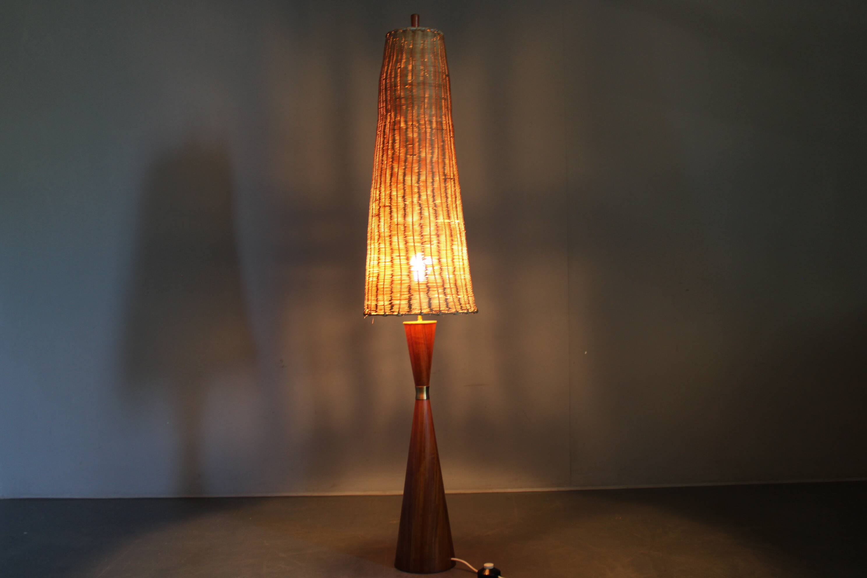 1960s Parker Knoll wooden table lamp with wicker shade, Britain
