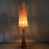 1960s Parker Knoll wooden table lamp with wicker shade, Britain