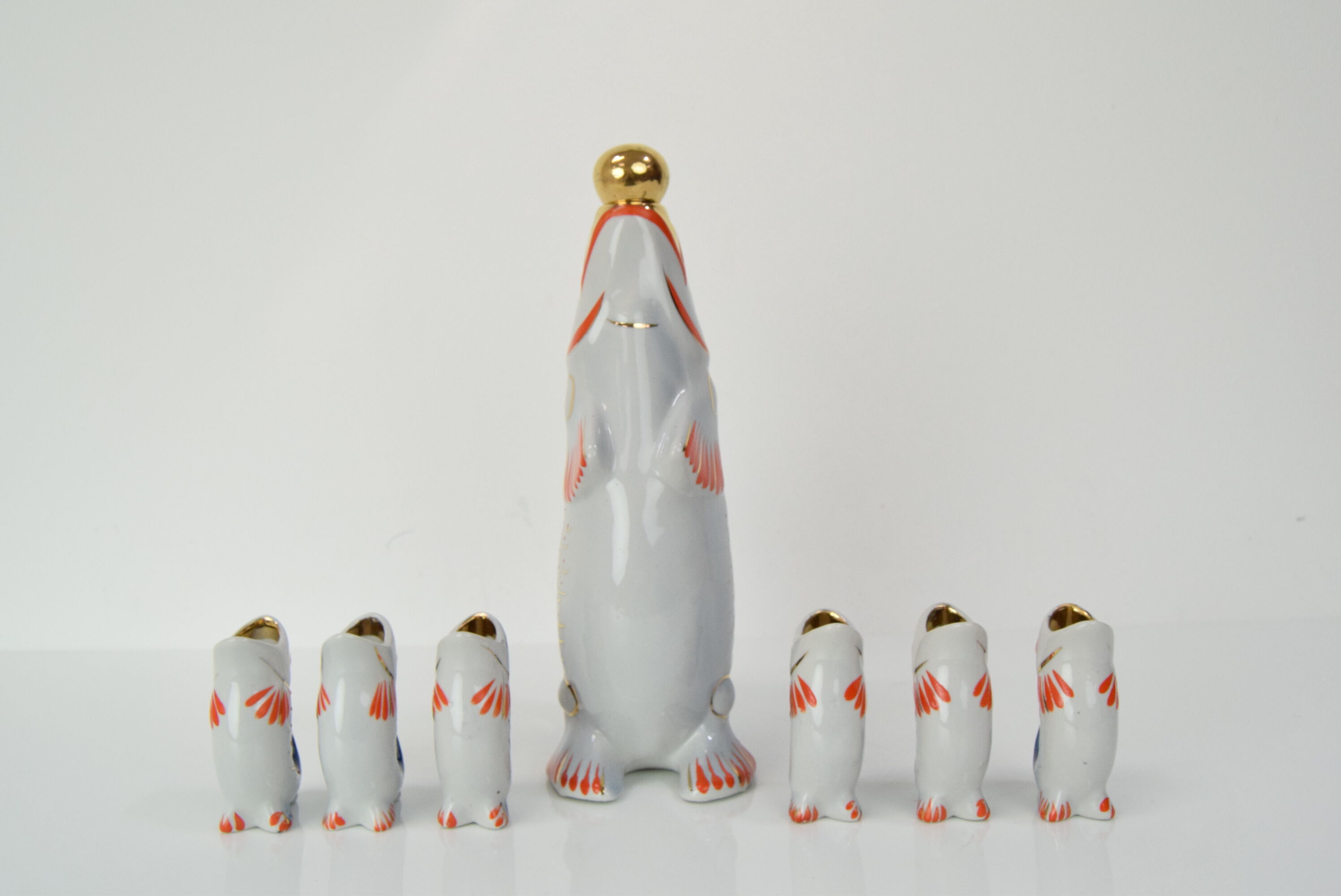 Fish decanter soviet drinking set porcelain fish carafe shots glass,1950's.