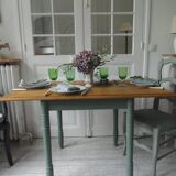 Table, vintage desk with smoked green base and oak top