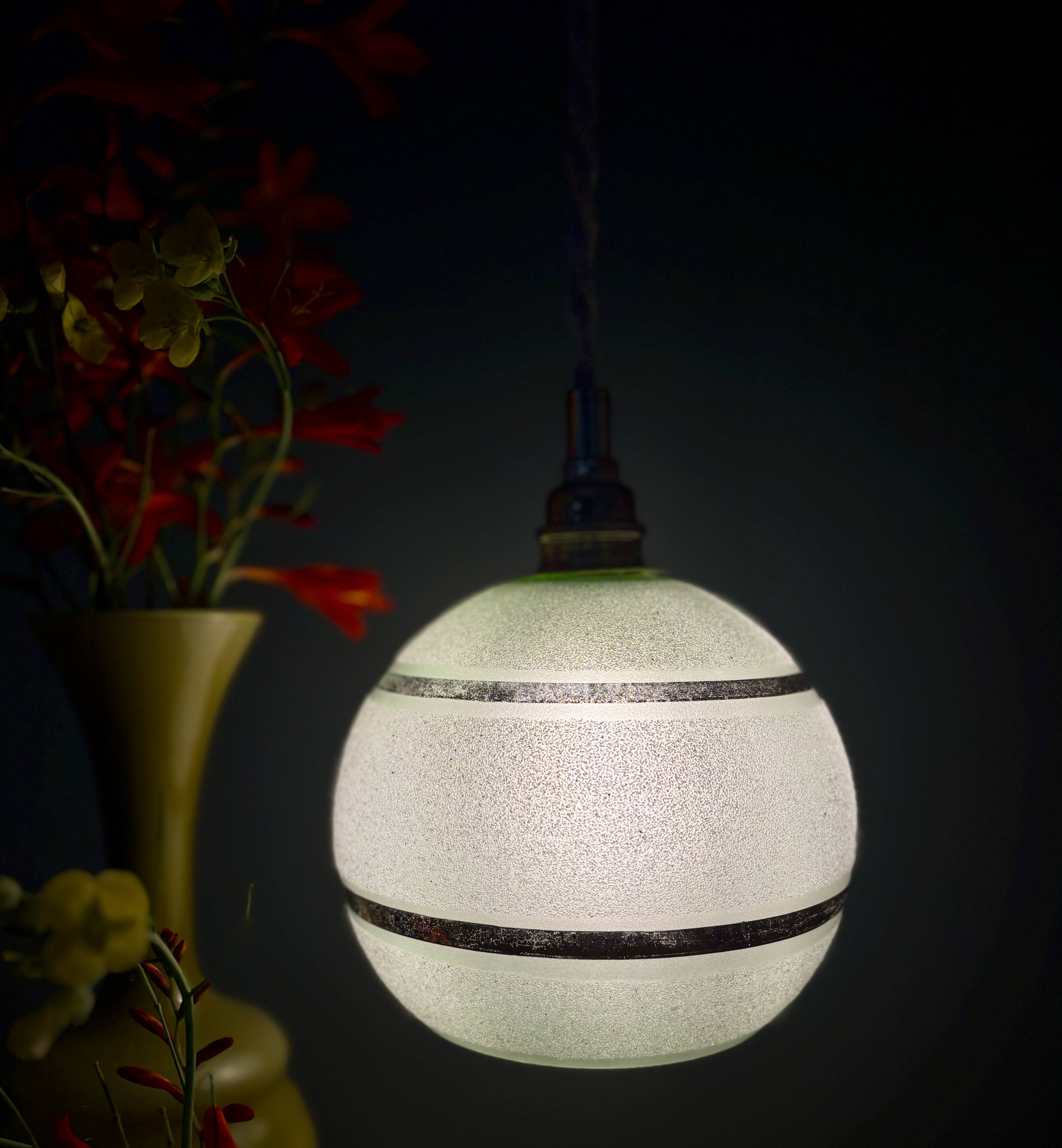 Vintage globe pendant light in green and gold granite glass