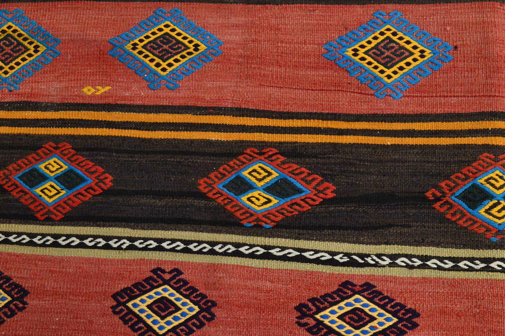 6x9 Blue & Red Details Kilim Rug,Modern Mid Century,Wool Area Rug,175x261Cm