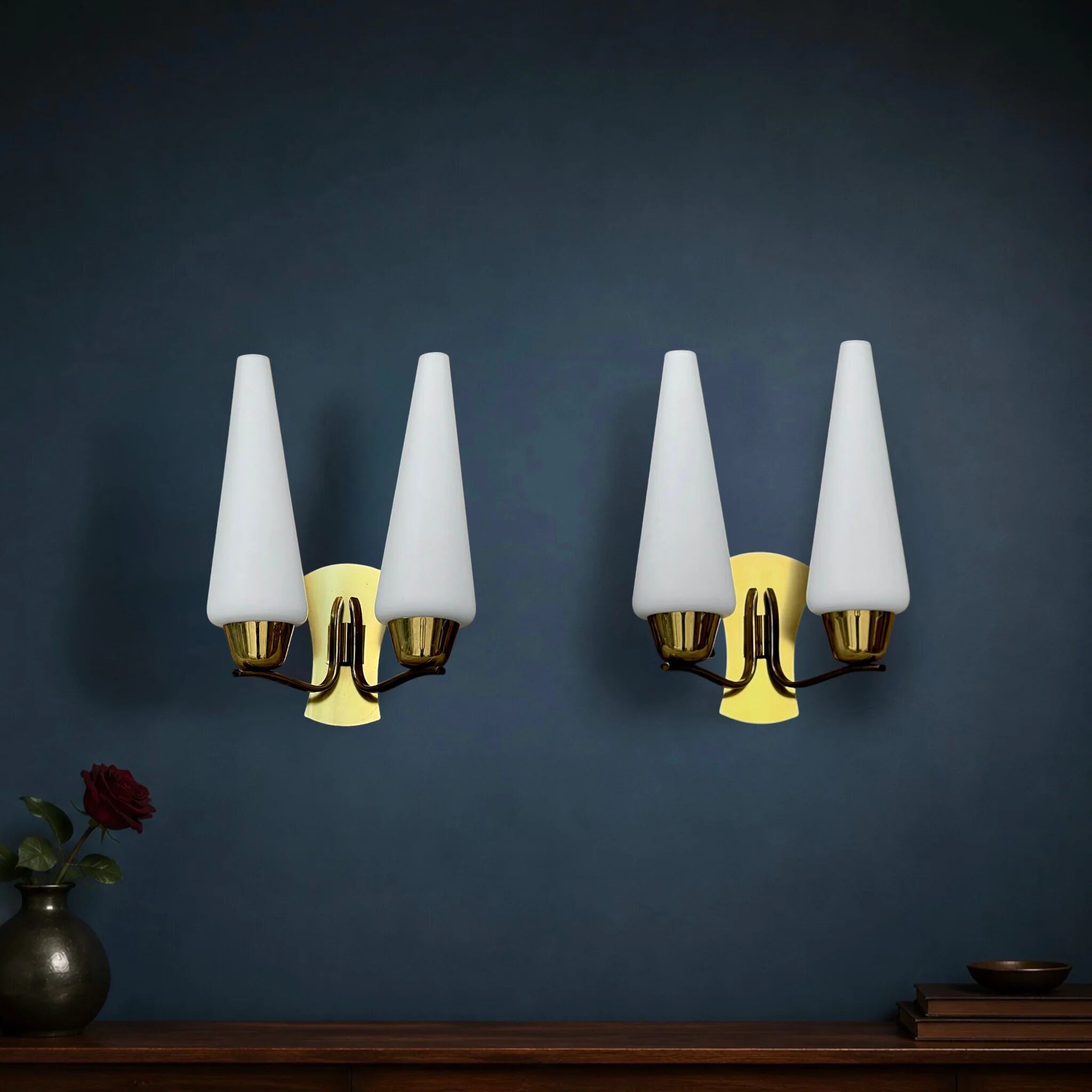 Pair of double wall sconces in brass and opaline – 1950s