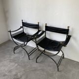 Pair of leather “curule” emperor armchairs