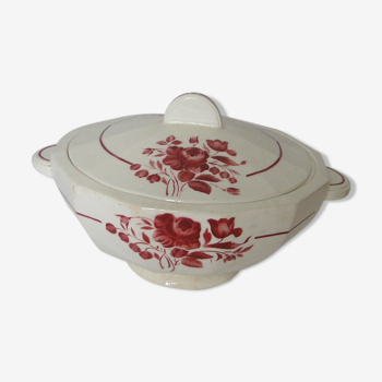 Soupiere legumier k&g luneville modele ariane motif  fleurs rouge fond blanc