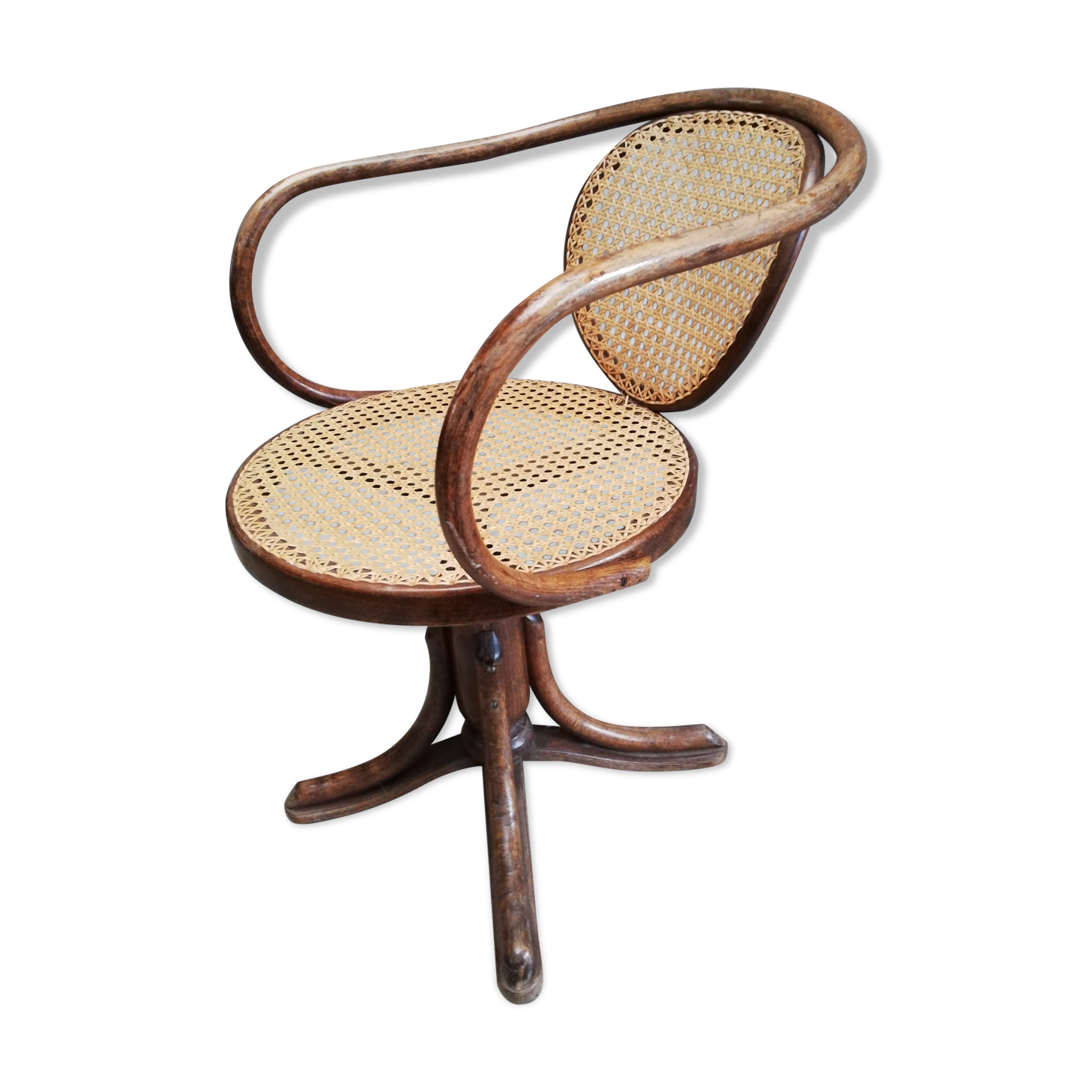 Office chair with curved wood swivel screw and Thonet cannage