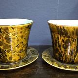 Pair of plant pots and their matching saucer – Brown/ochre marbled decor – 20th century