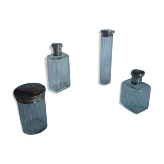 Lot of 4 glass toilet bottles, silver metal caps