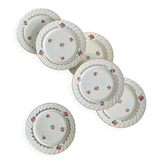 6 pale yellow earthenware dessert plates from Salins with flowers