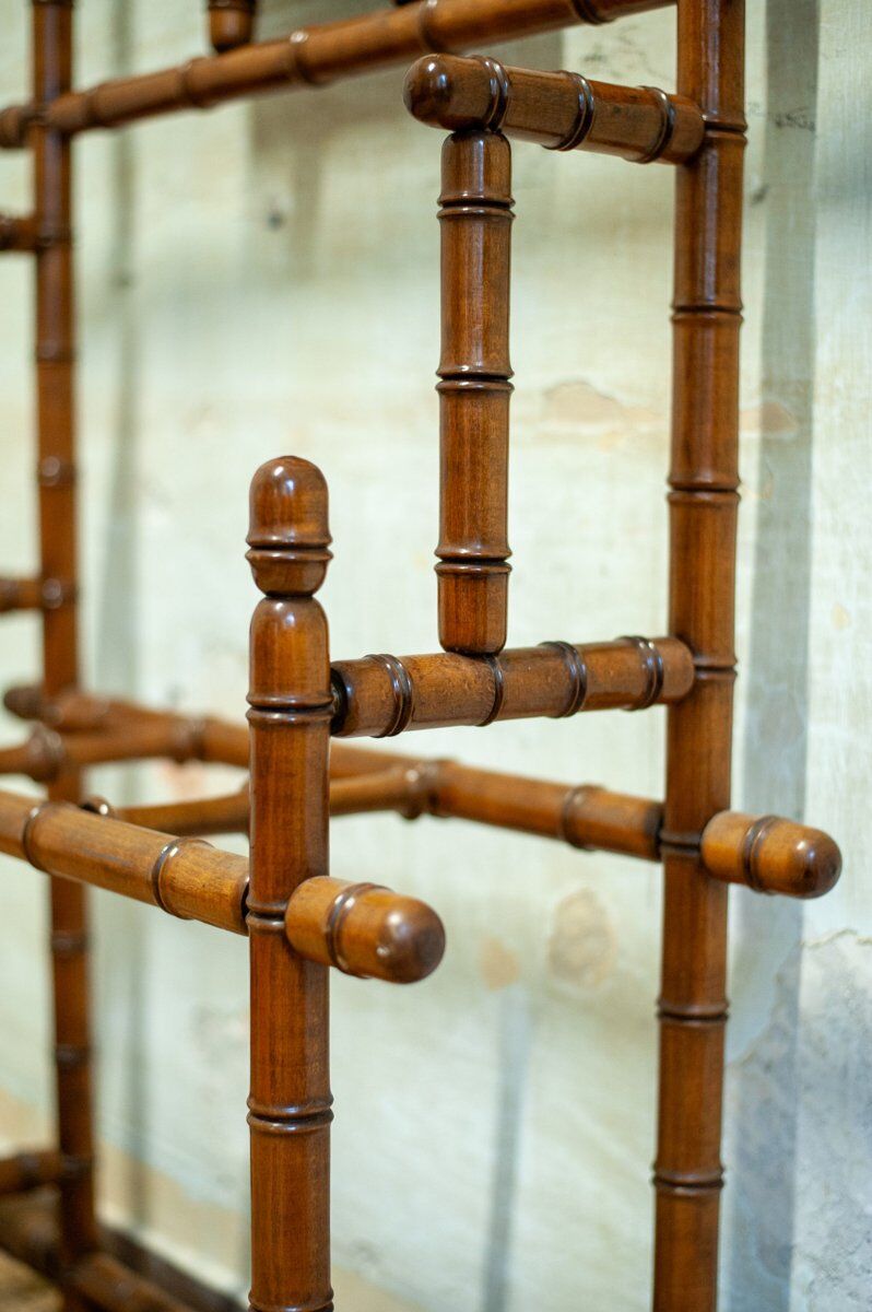 Coat rack with mirror and umbrella stand in faux bamboo, 1950s.