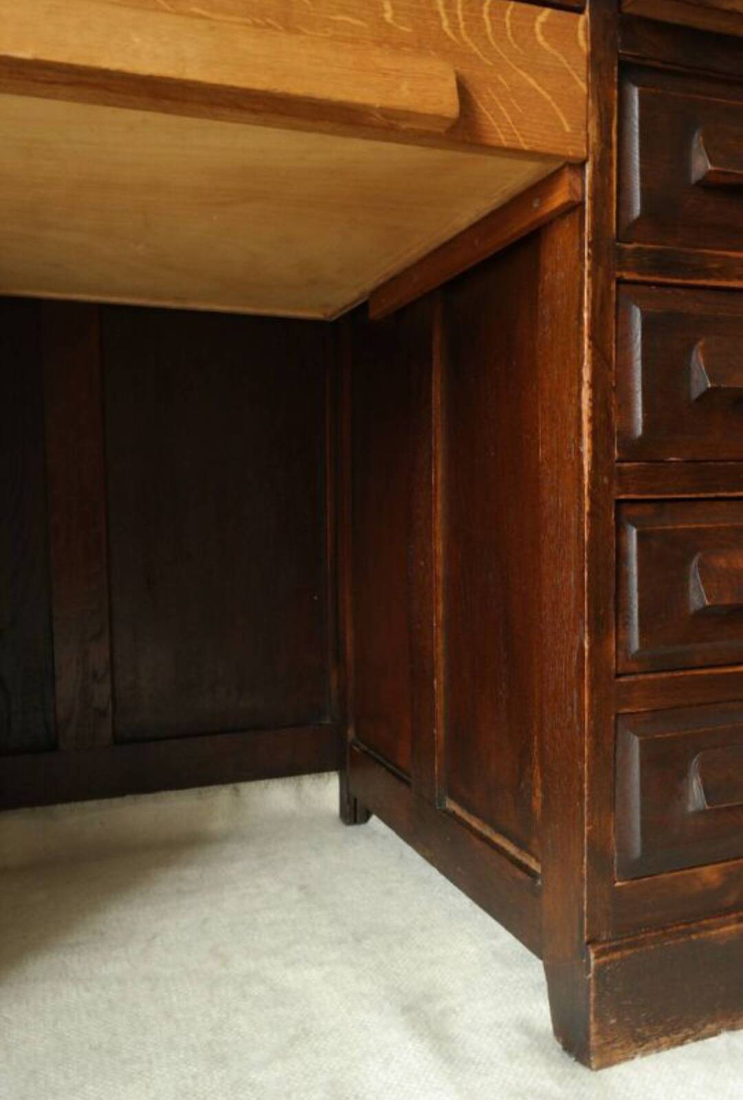 Vintage oak desk with its stool.