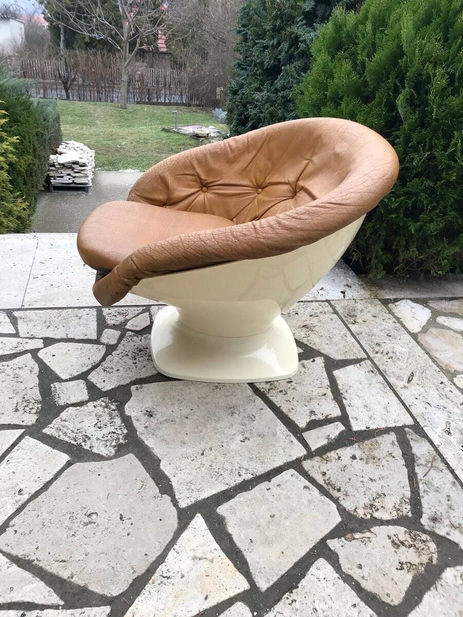 Brown tulip club chair in fibreglass resin and faux leather, France 1970s by Raphaël