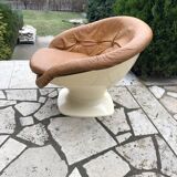 Brown tulip club chair in fibreglass resin and faux leather, France 1970s by Raphaël