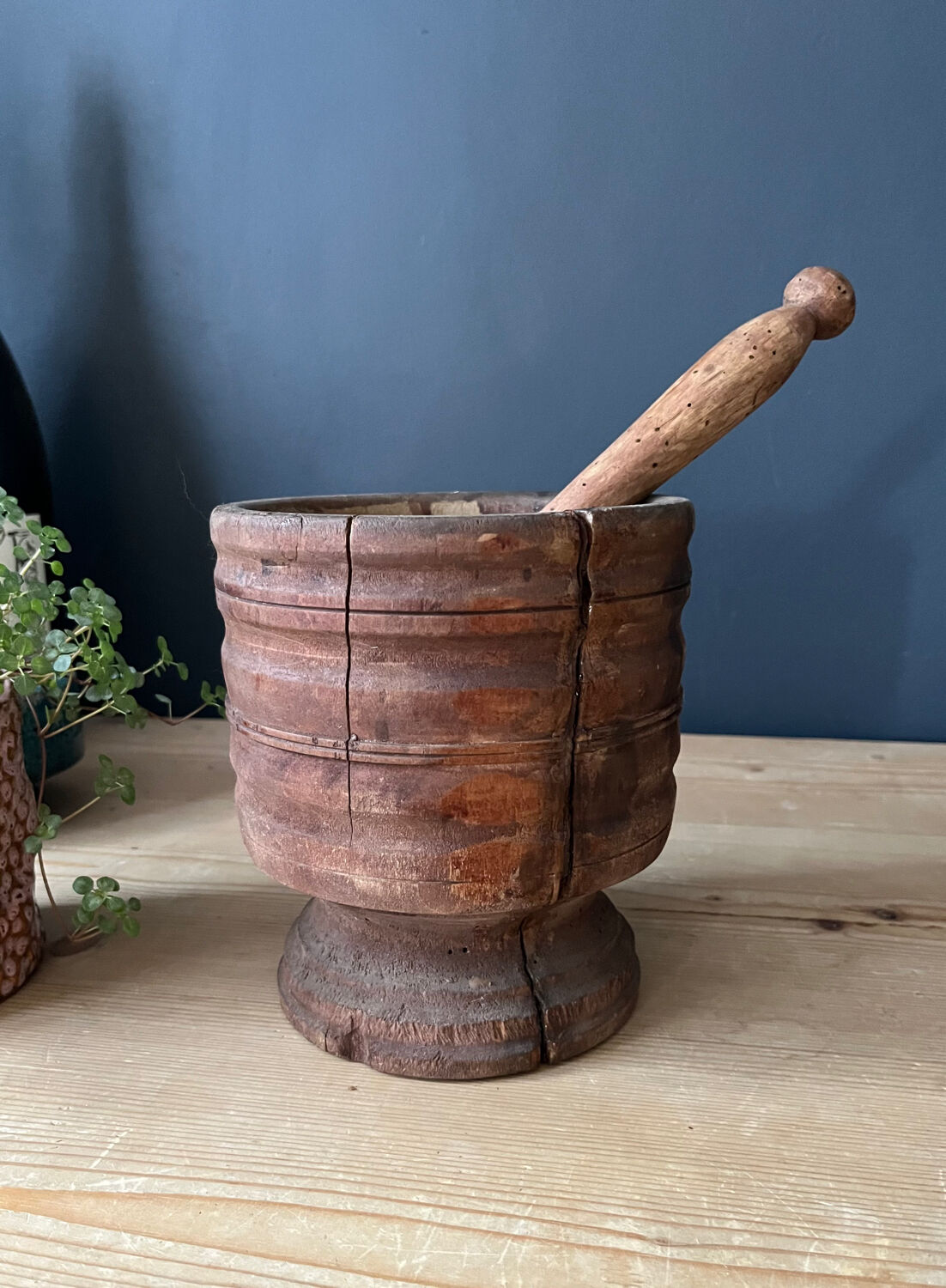 Old wooden mortar and pestle
