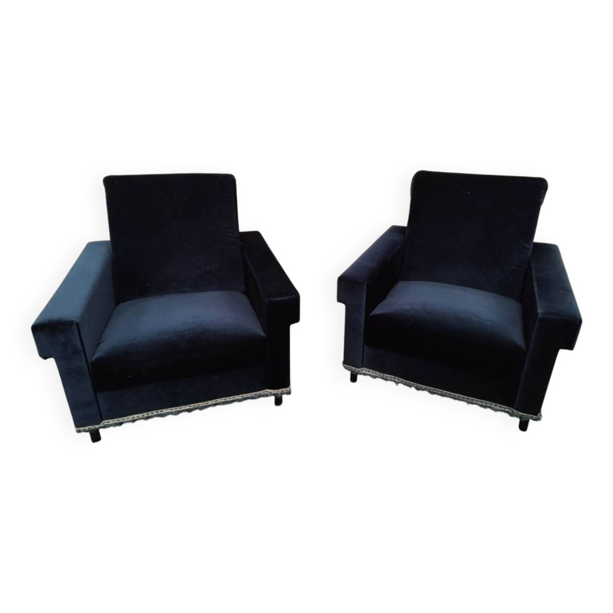 Pair of navy blue velvet club armchairs