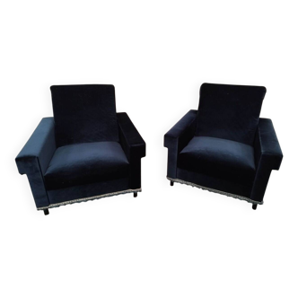 Paire de fauteuils velours bleu marine club