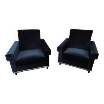 Pair of navy blue velvet club armchairs