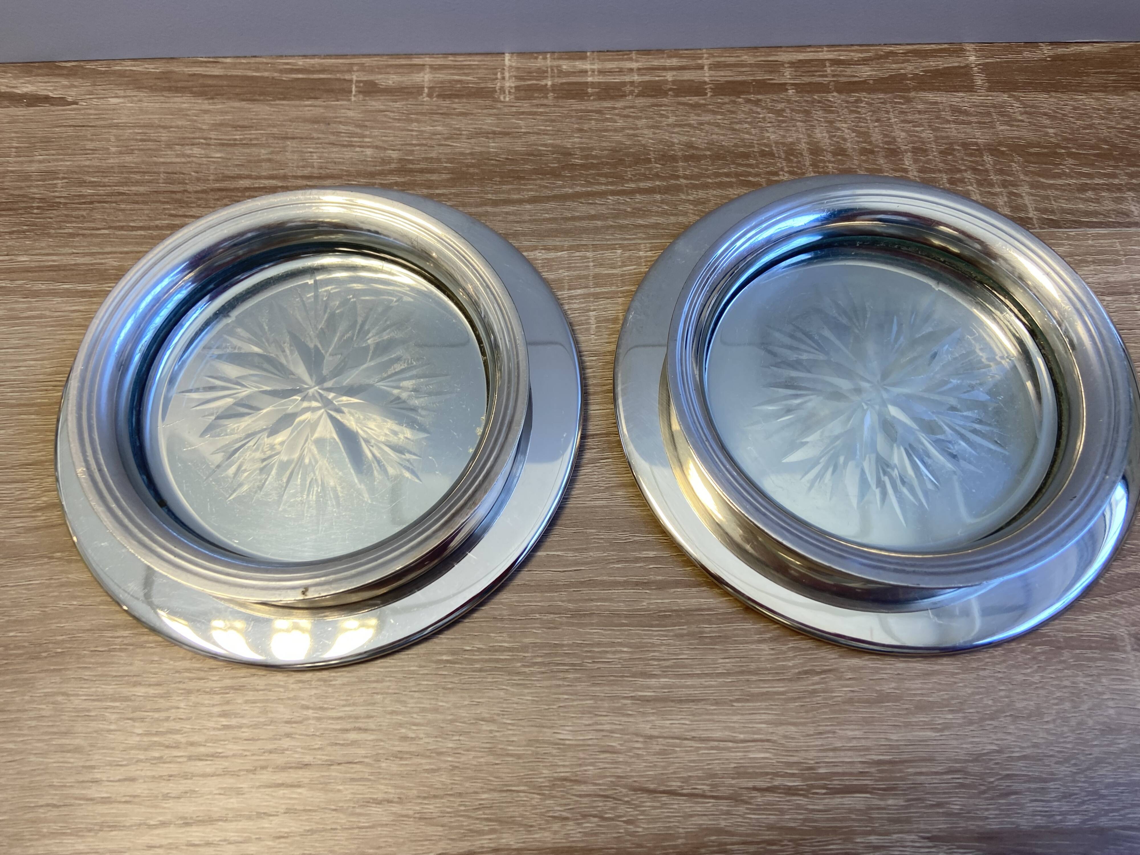 Lot Pair of Silver Metal Bottle & Glass Coasters with Hallmarks