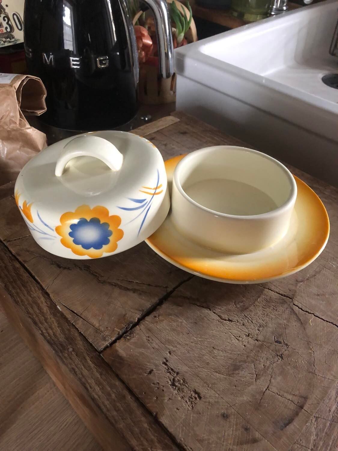 Old ceramic butter dish Deutschland Vintage yellow with flowers