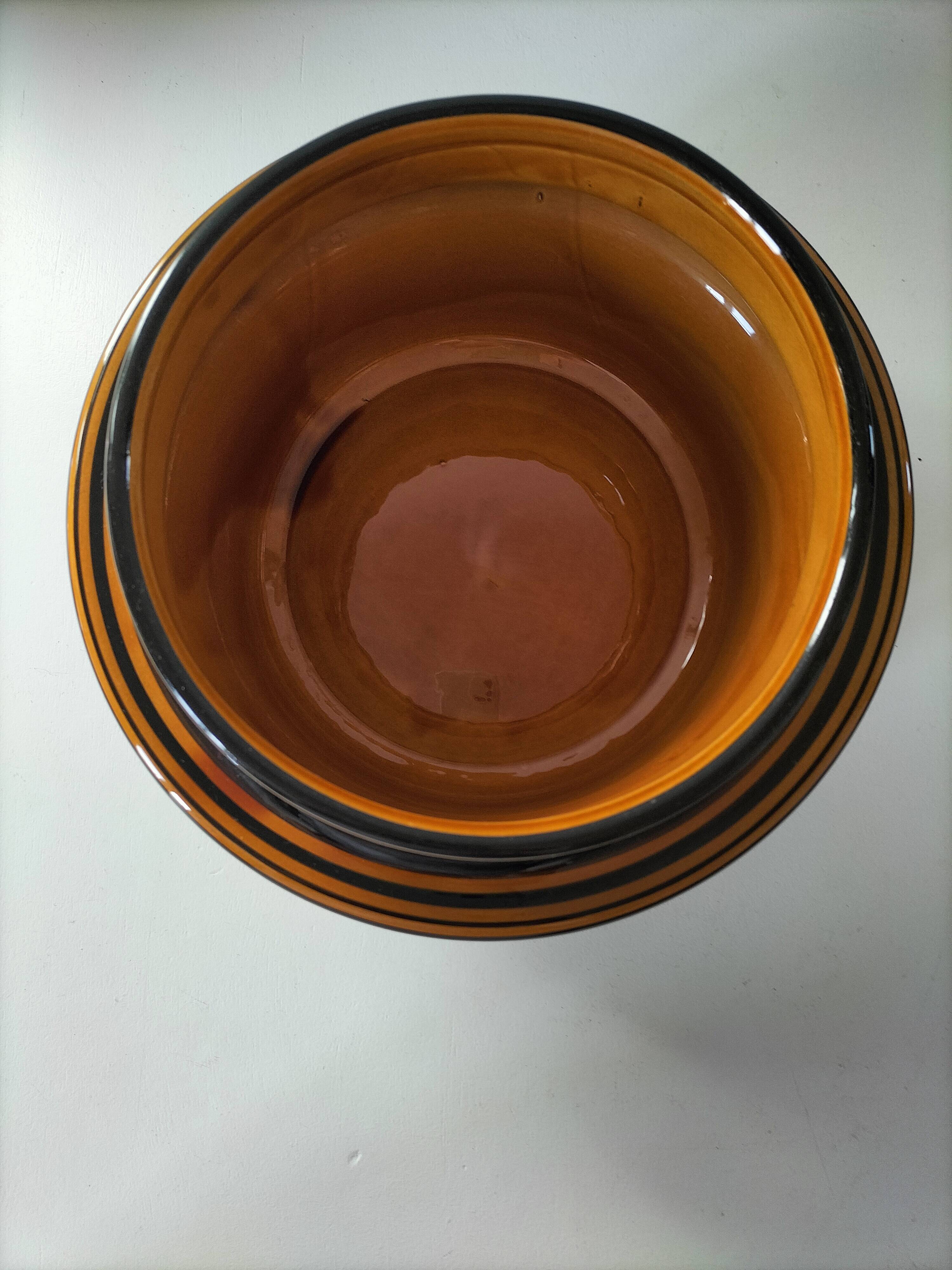Vintage Luwasa cache-pot in brown caramel and black, ceramic, 1975